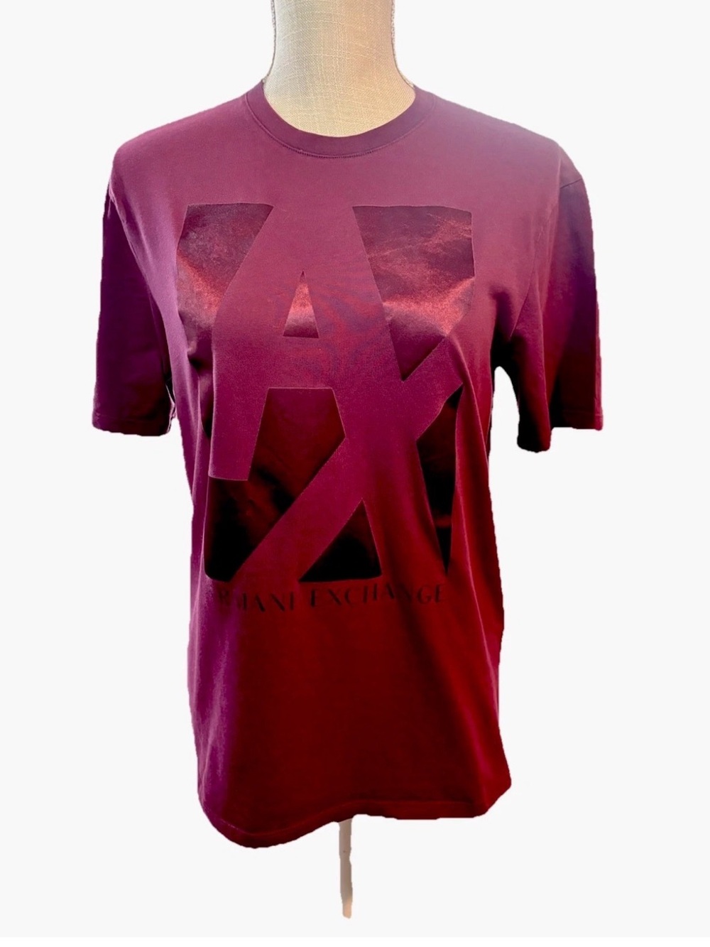 Armani Exchange Men's Maroon Short-Sleeve Logo Tee Size Small